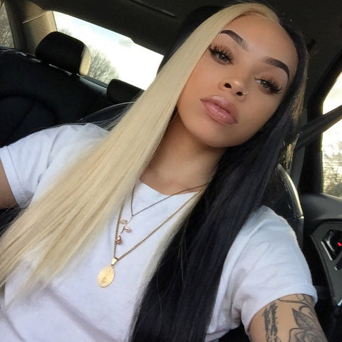 Peruvian Hair Half Blond And Half Black Color Straight Lace Front Wig