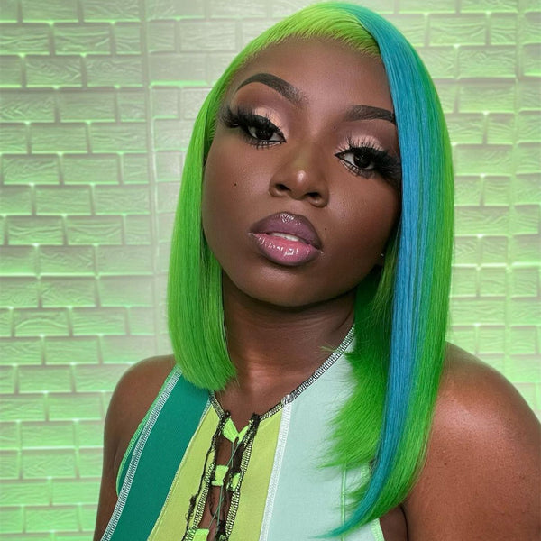 Green with Blue Highlights bob wig