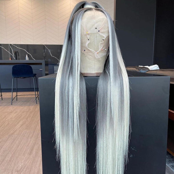 100% Human Hair Grey & Iced Blond Straight Style Lace Front Wig