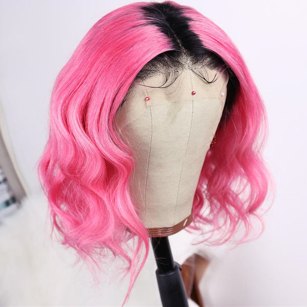 Peruvian Hair Pink with Black Root Color Body Wavy Lace Front Bob Wig