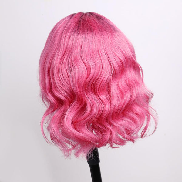 Peruvian Hair Pink with Black Root Color Body Wavy Lace Front Bob Wig