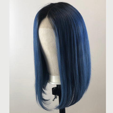Peruvian Hair Dark Blue With Black Root Color Straight Lace Front Bob Wig