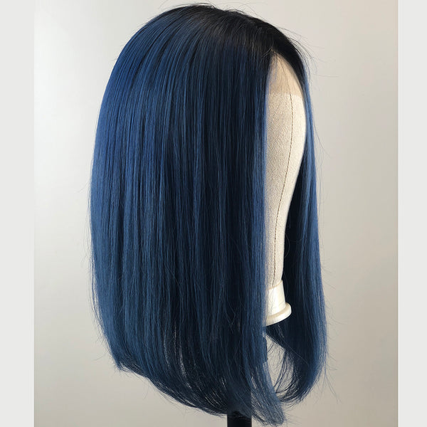 Peruvian Hair Dark Blue With Black Root Color Straight Lace Front Bob Wig