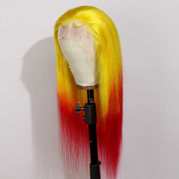 Peruvian Hair Gradient Color Yellow And Red Straight Lace Front Wig