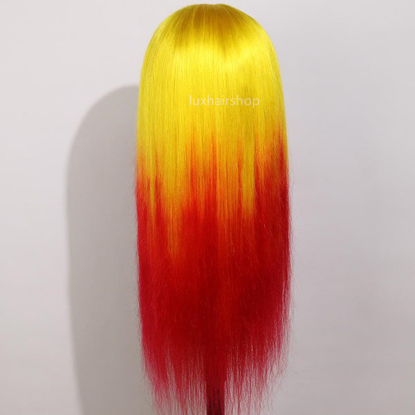 Peruvian Hair Gradient Color Yellow And Red Straight Lace Front Wig