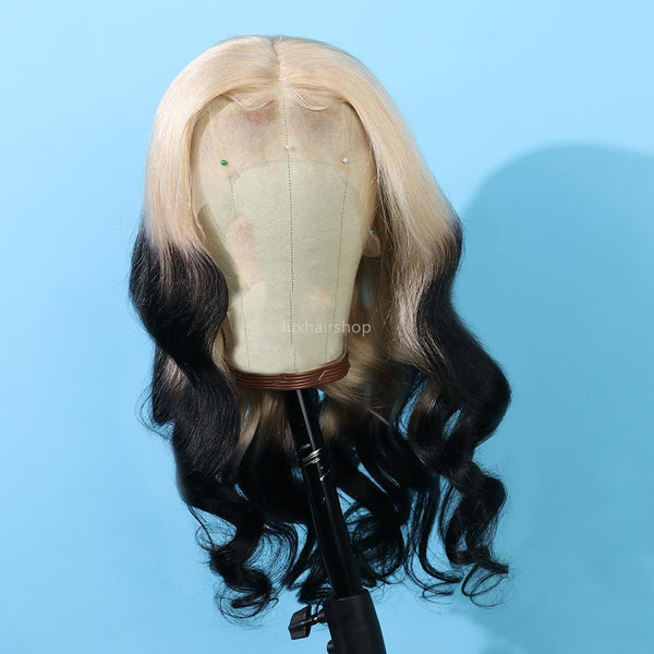 Peruvian Hair Gradient Color Light Blond With Black Body Wave Lace Front Wig