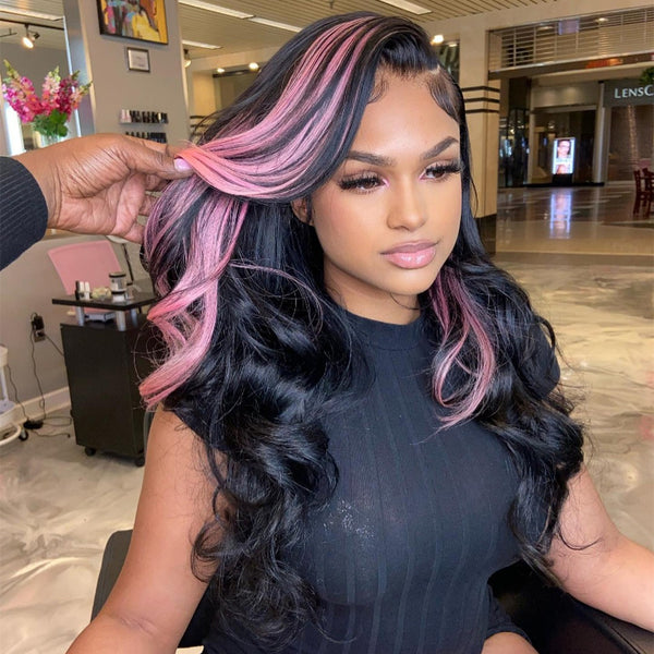 Black with Pink Color Lace Front Wig