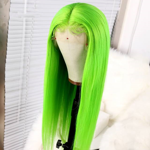 Peruvian Hair Green Color Straight Long Lace Front Wig