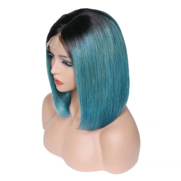 Peruvian Hair Blue With Black Root Color Straight Lace Front Bob Wig
