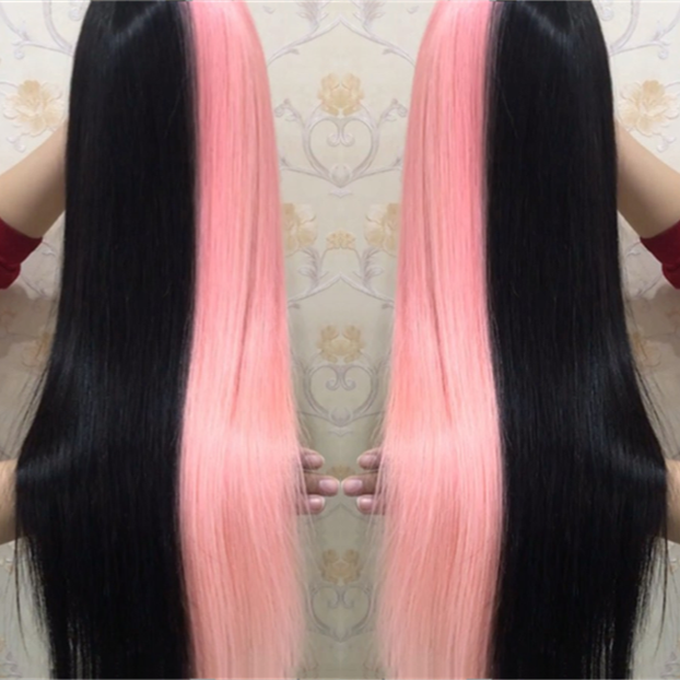 Peruvian Hair Half Pink And Half Black Color Lace Front Wig