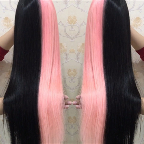 Peruvian Hair Half Pink And Half Black Color Lace Front Wig