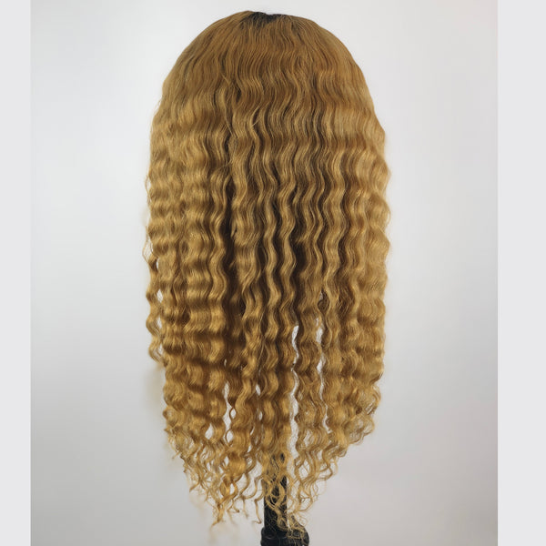 Peruvian Hair Blond With Black Root Color Water Wavy Full Lace Wig