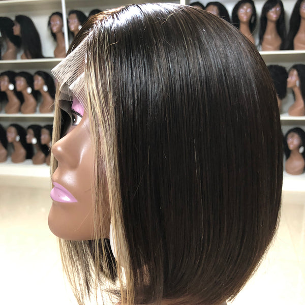 Peruvian Hair Black With Blond Color Straight Lace Front Bob Wig