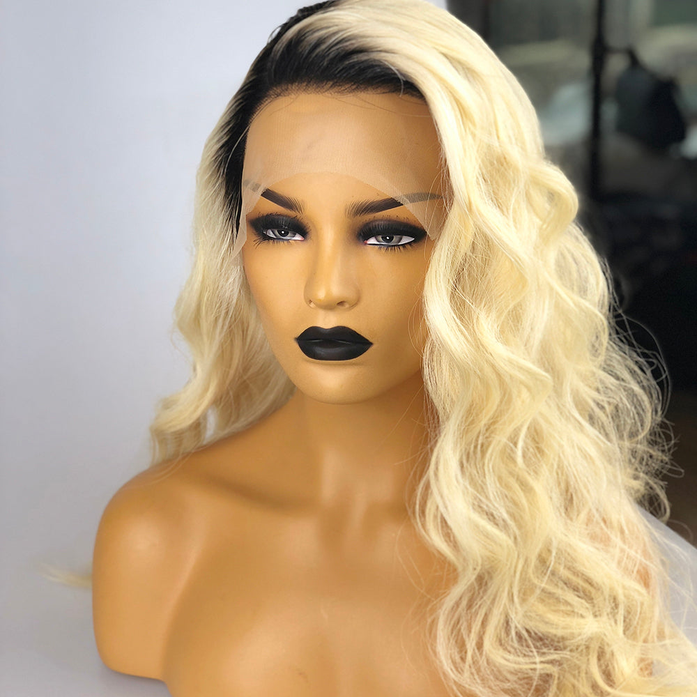 Peruvian Hair Lace Front Wig Light Blond With Black Root Color Body Wavy