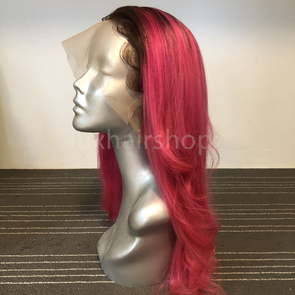 Peruvian Hair Pink With Black Root Color Fashion Wavy Long Hair Full Lace Wig