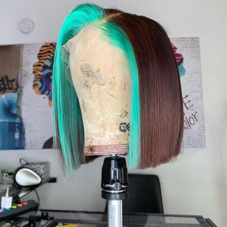 100% Human Hair Brown Color Aqua Green Lace Front Bob Wig