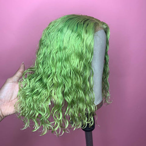 Peruvian Hair Light Green Color Lace Front Curly Bob Wig