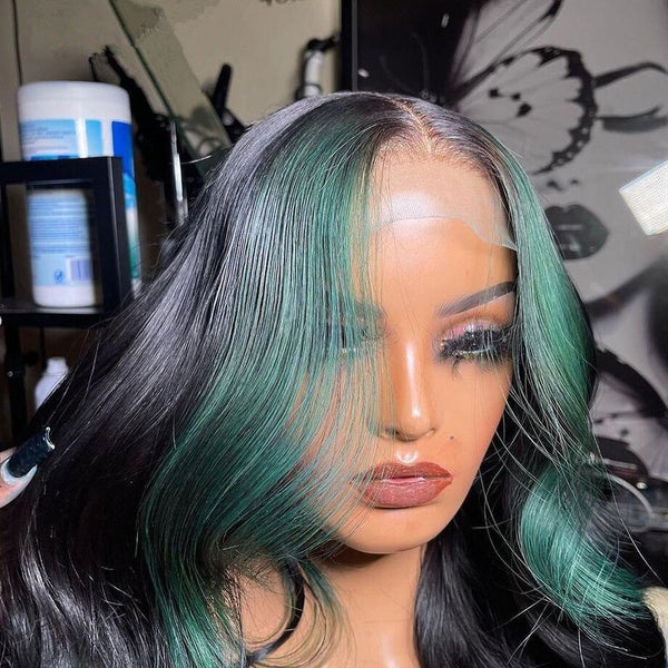 100% Human Hair Dark Green & Black Highlights Body Wavy Lace Front Wig