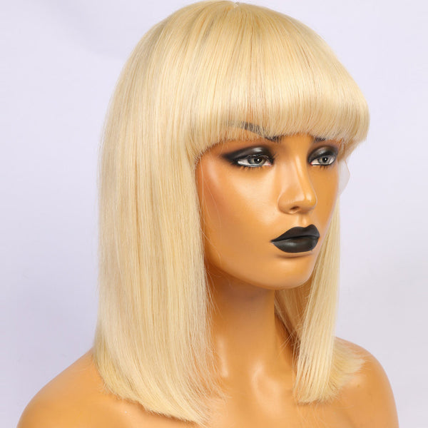 Peruvian Hair Blond Color Straight Lace Front Bob Wig With Bangs