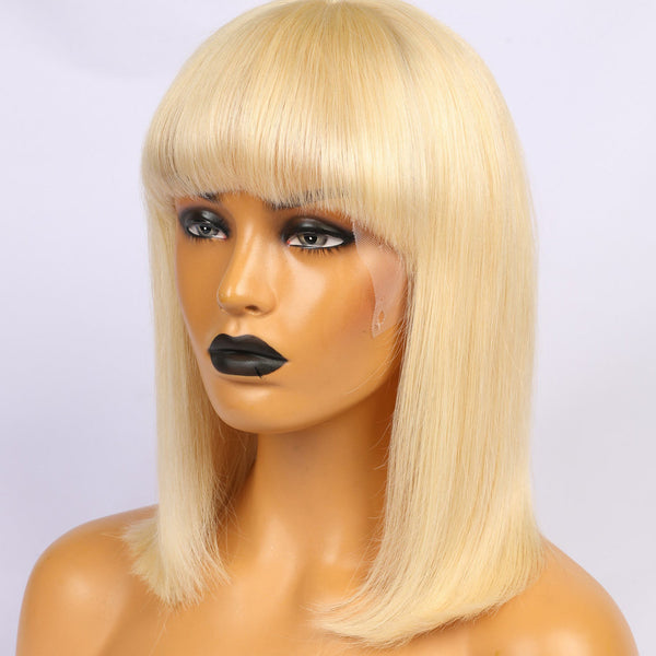 Peruvian Hair Blond Color Straight Lace Front Bob Wig With Bangs