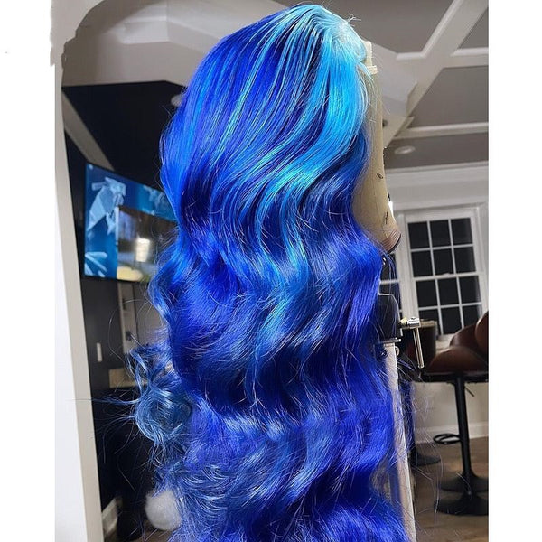 Sky & Royal Blue Highlights Color Body Wavy Lace Front Wig