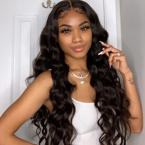 Brazilian Human Hair Black Color Body Wave Lace Front Wig