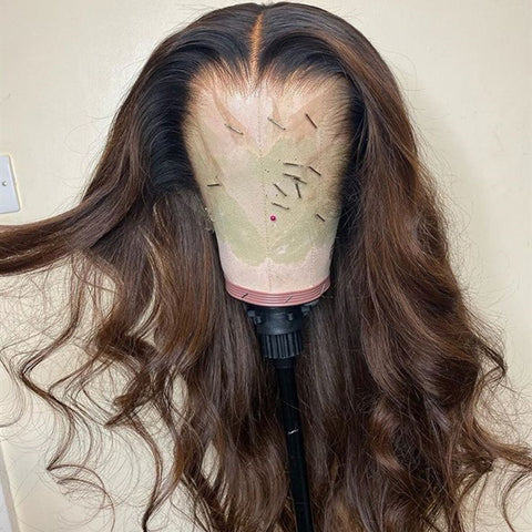 Brown with Black Root Body Wavy Lace Front Wig