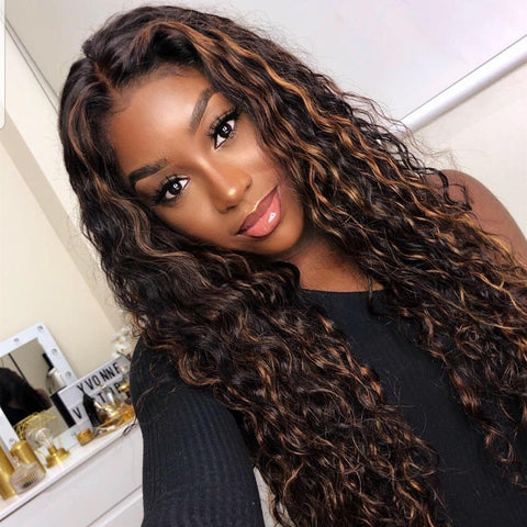 Peruvian Hair Black with Brown Ombre Color Curly Wavy Fashion Lace Front Wig