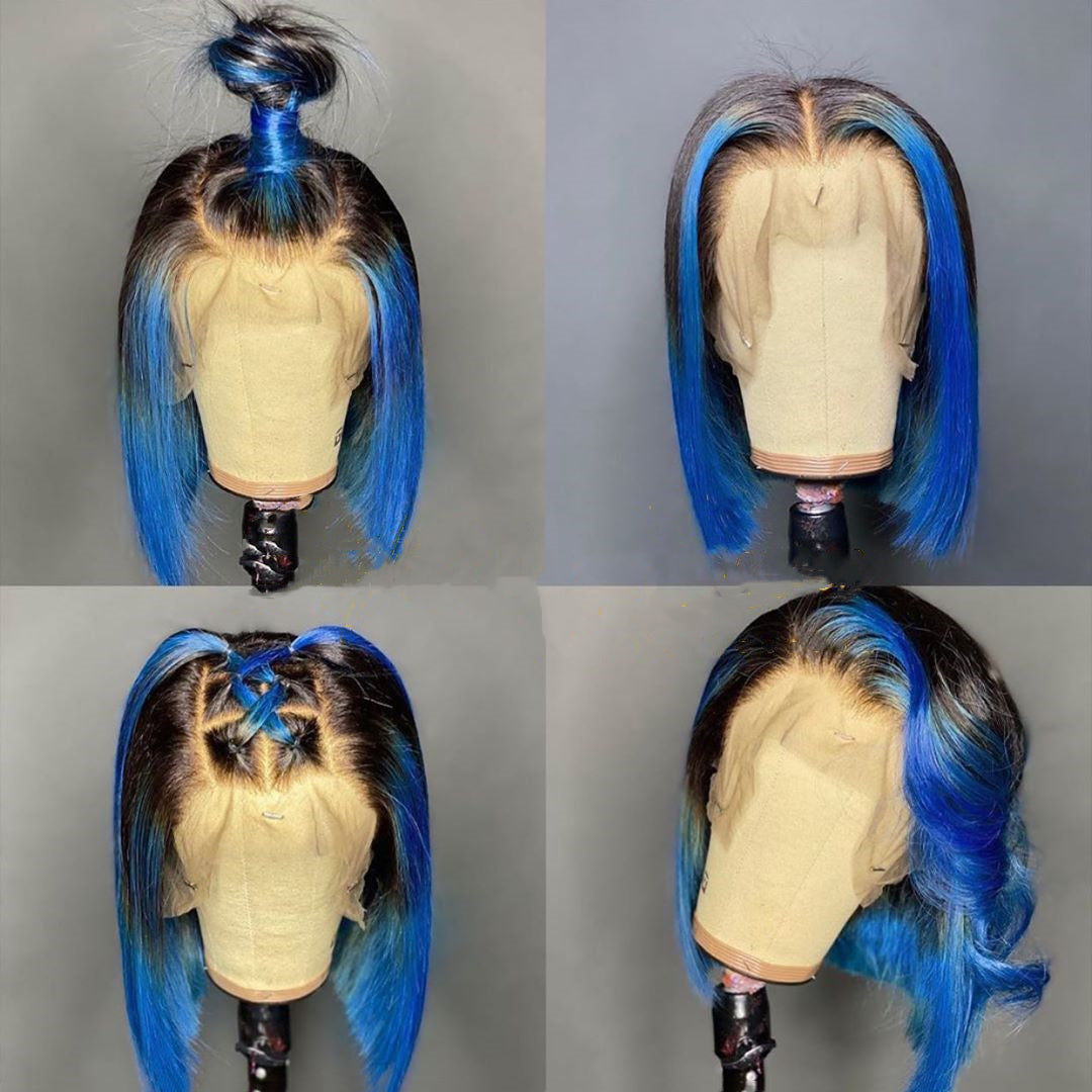 Peruvian Hair Blue with Black Root Color Lace Front Bob Wig
