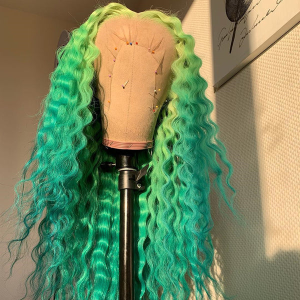 Gradient Light Green with Green Lace Front Wig deep wave