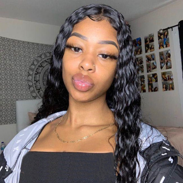 Brazilian Human Hair Black Color Water Wave Lace Front Wig