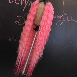 Pink Color with Black Root wig