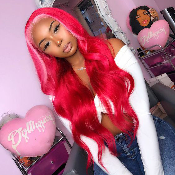 Peruvian Hair Lace Front Wig Fuchsia With Light Pink Color Fashion in Autumn