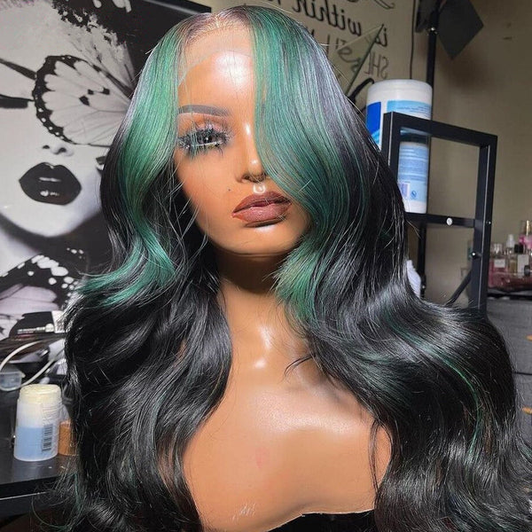 100% Human Hair Dark Green & Black Highlights Body Wavy Lace Front Wig