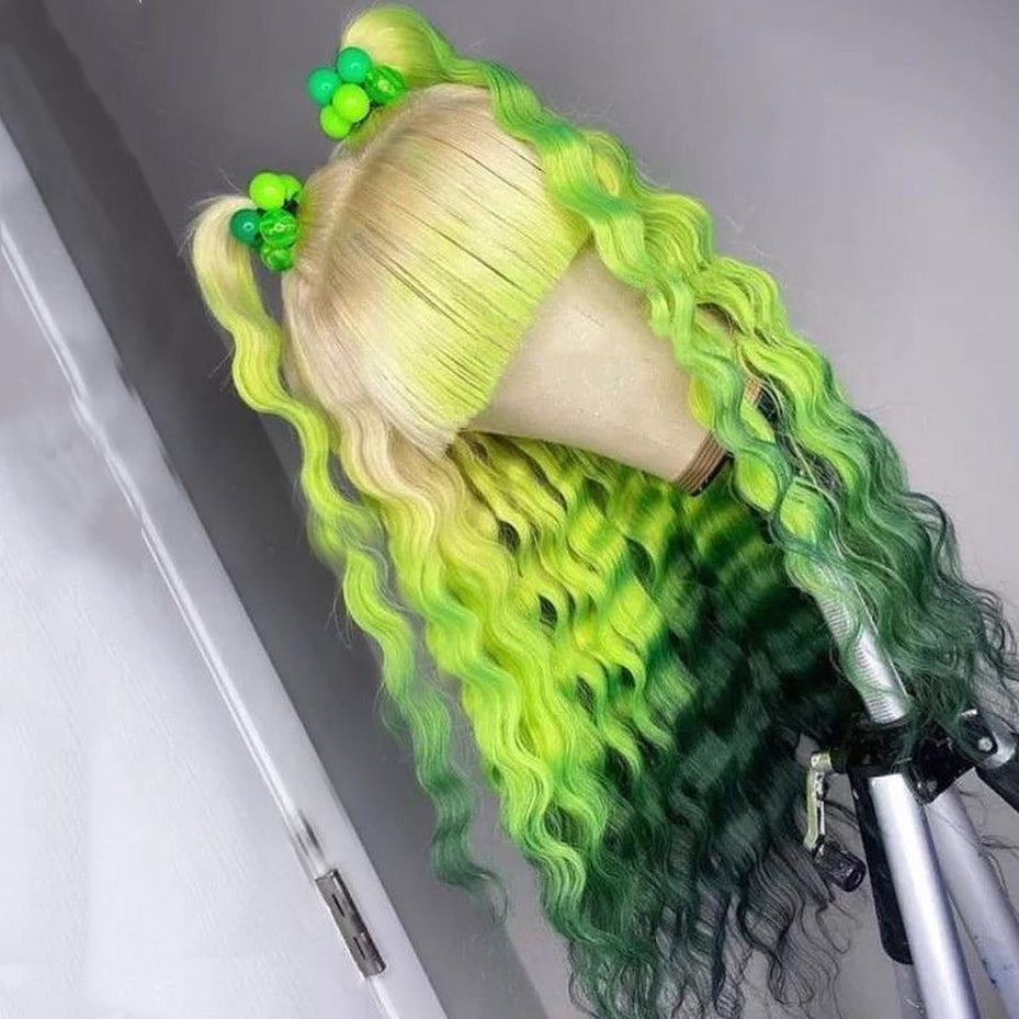 Blonde Green with bangs deep wave wig