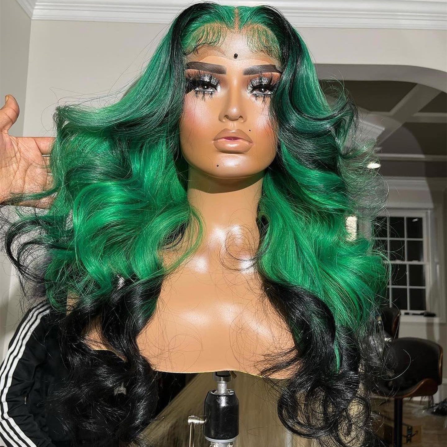 100% Human Hair Green & Black Highlights Body Wavy Lace Front Wig