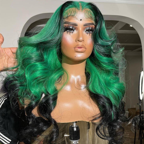 100% Human Hair Green & Black Highlights Body Wavy Lace Front Wig