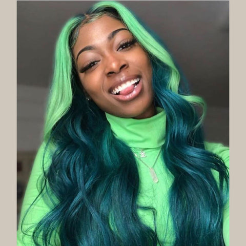 Peruvian Hair Dark Green With Light Green Highlights Body Wavy Lace Front Wig