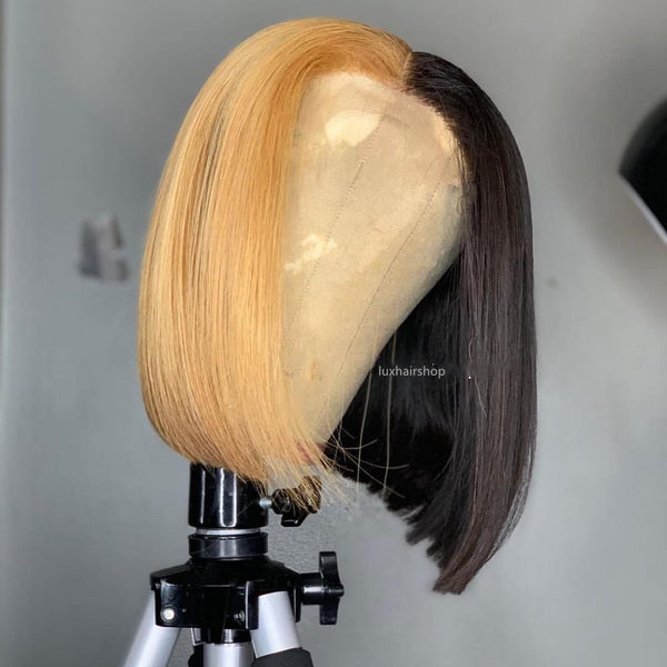 Peruvian Hair Half Dark Blond And Half Black Color Straight Lace Front Bob Wig
