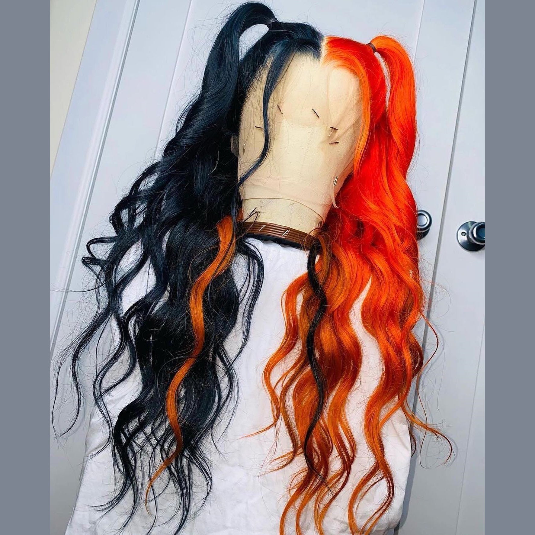 100% Human Hair Half Black & Orange Red Natural Wavy Lace 