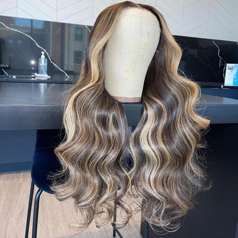Blond Mix Brown Black Root Color Body Wave Full Lace Wig