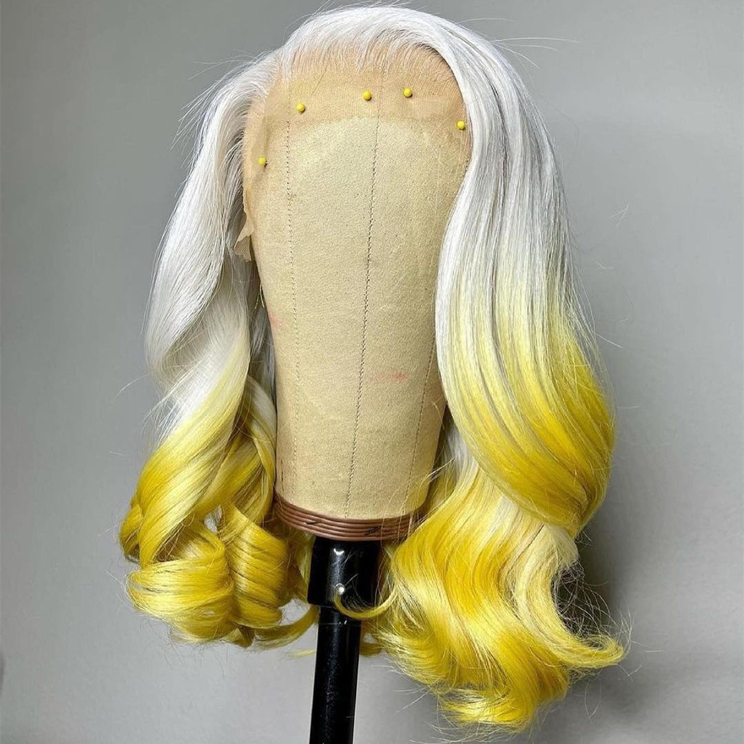 100 Human Hair White & Yellow Natural Wavy Lace Front Bob Wig Lux