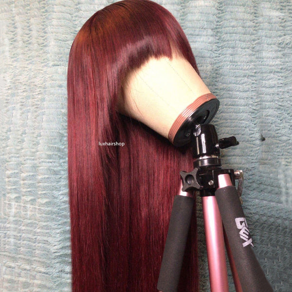 Peruvian Hair Cute Burgundy Color Straight with Bangs Lace Front Wig