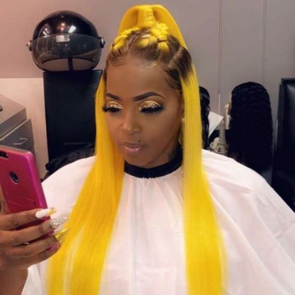 Peruvian Hair Yellow With Brown Root Color Straight Lace Front wig
