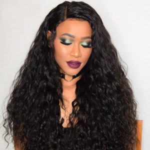 Peruvian Human Hair Black Color Deep wavy Lace Front Wig
