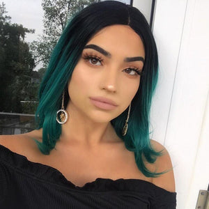 Peruvian Hair Teal Ombre With Black Root Lace Front Bob Wig Straight