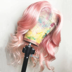 Peruvian Hair Light Pink Color Body Wavy Lace Front Wig