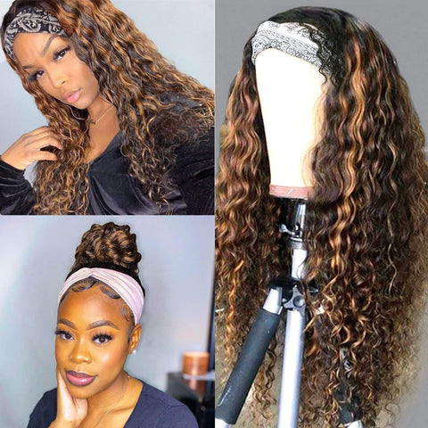 Brown with Black Color Curly Headband Wig