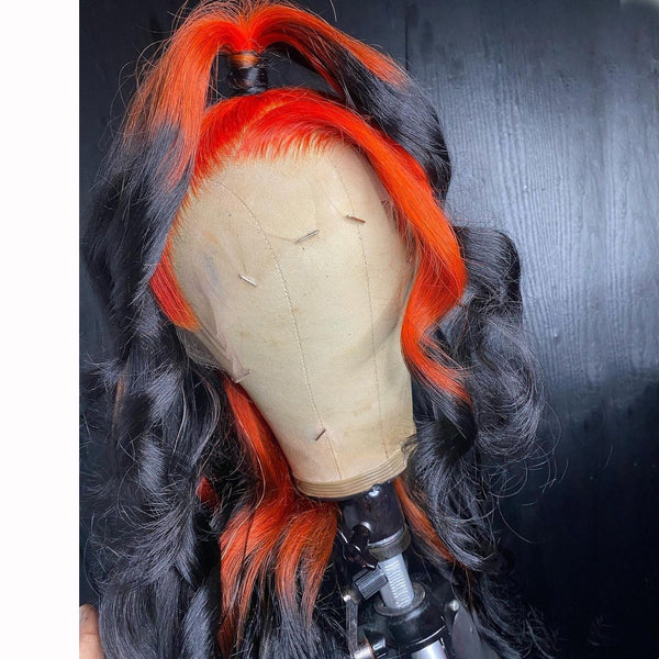 100% Human Hair Tiger Orange & Black Color Lace Front Wig Natural Wavy