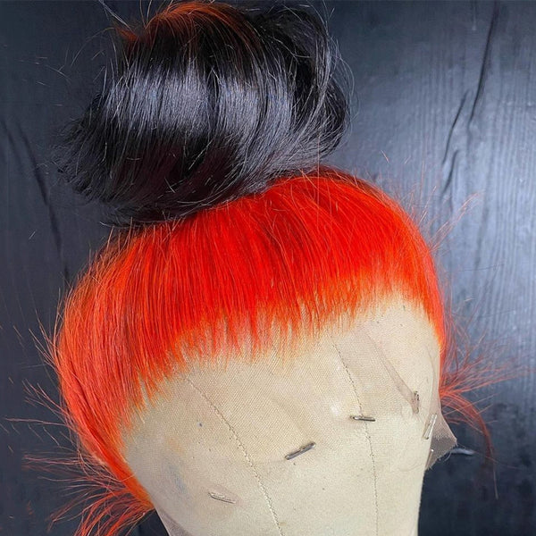 100% Human Hair Tiger Orange & Black Color Lace Front Wig Natural Wavy